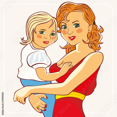 The mother holds the child in her arms. Vector illustration.