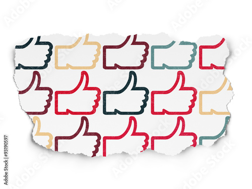 Social media concept: Thumb Up icons on Torn Paper background