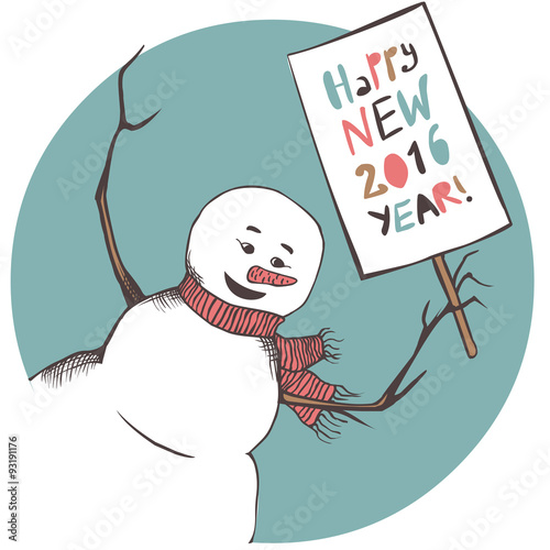 snowman with banner "Happy new 2016 year". Congratulation card