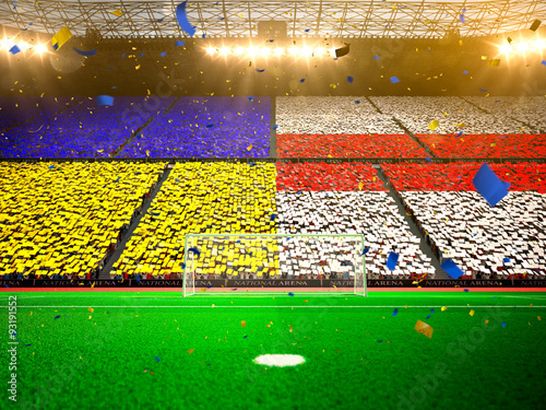 Flag Belarus and Ukraine of fans. Evening stadium arena Yellow © Anna Stakhiv