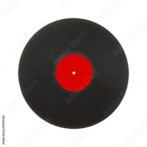 Single black long-play record with red label isolated on white background. Square Photo closeup