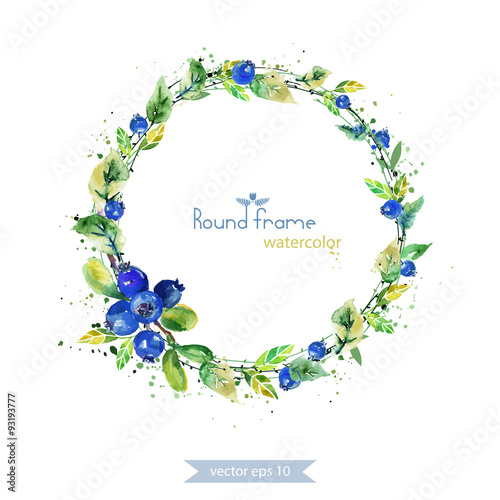 Wreath of leaves and blueberry, spray paint. Round frame. Watercolor barry . Illustration for greeting cards.  photo