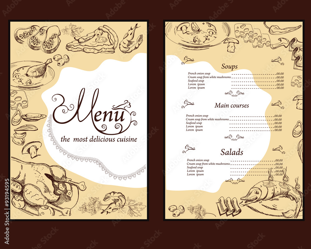 Hand drawn food illustrations for restaurant or cafe menu. 