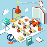 The concept of learning, read books in the library, classroom isometric flat design vector