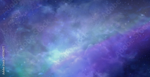 Beautiful Heavens Above background  - Deep space wide blue banner showing cloud formation, planets, stars and ethereal coloring 