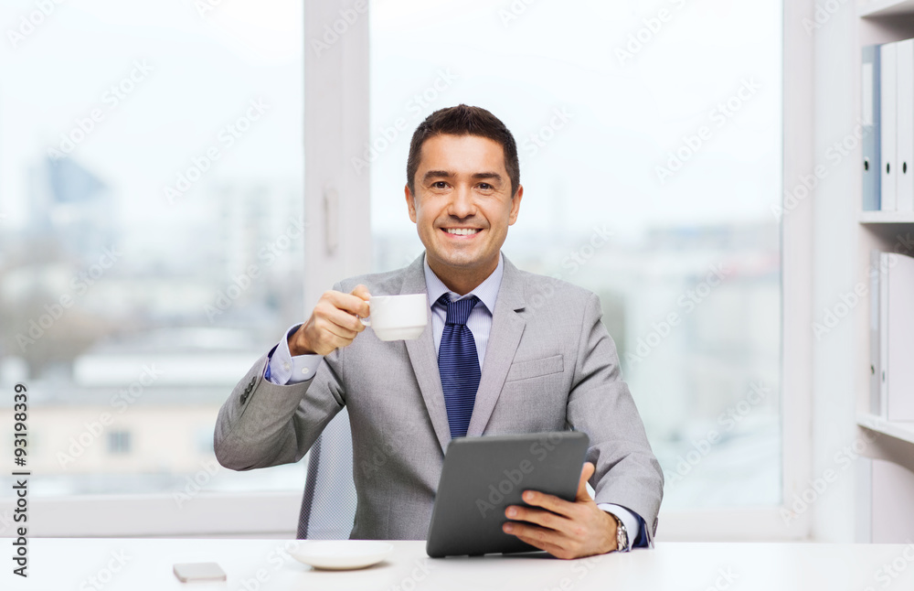 smiling businessman with tablet pc and coffee cup smiling businessman with tablet pc and coffee cup