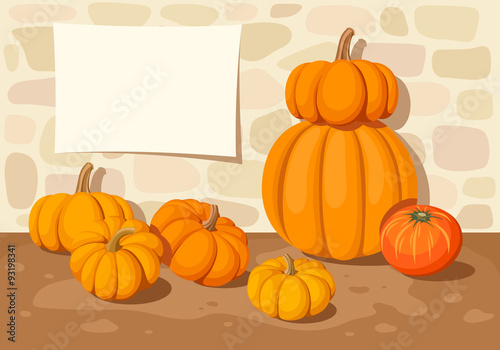 Vector background with orange pumpkins, a atone wall and a blank placard.