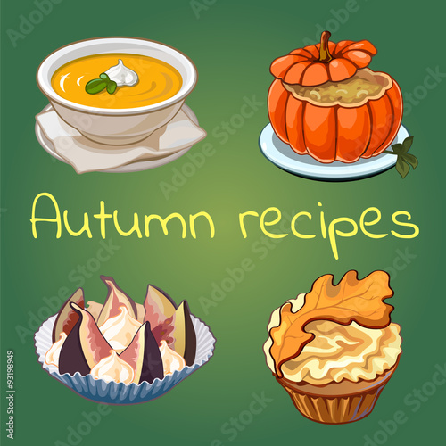 Autumn healthy recipes, four icons with dishes