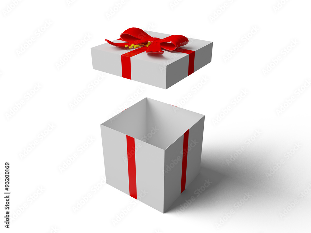 OpenWhite gift box with red ribbon bow OpenWhite gift box with red ribbon bow