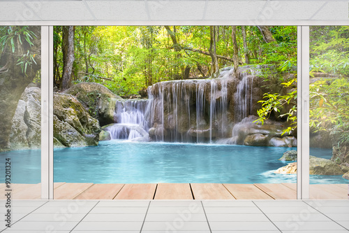 Waterfall  green forest in Erawan National Park in Thailand montage with tile floor. Landscape with water flow  tree  river  stream and rock at outdoor. Beautiful scenery of nature for vacation.