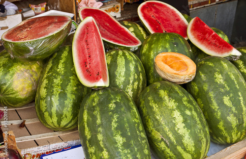 Croatia, open air stall displays on sell ripe watermelons photo