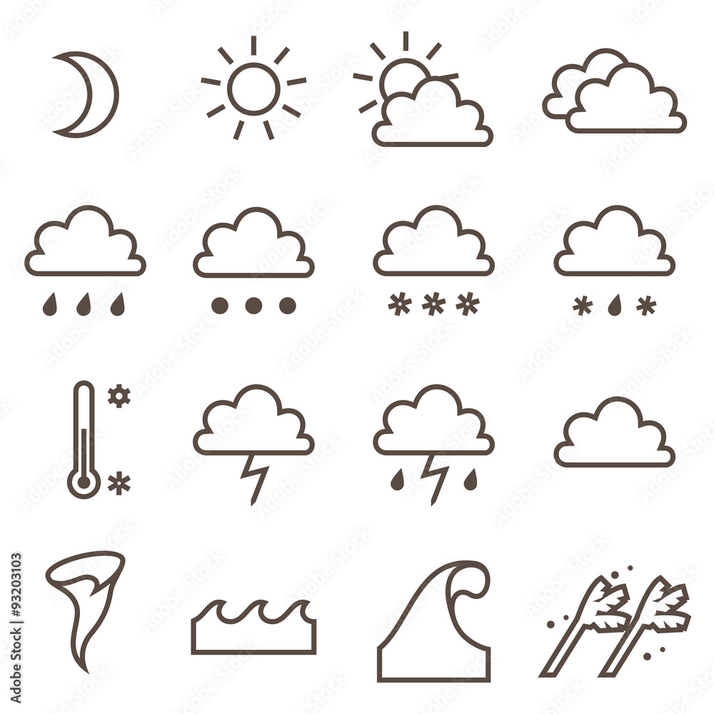 Fototapeta premium Weather linear icons set. Cloud, sun, precipitation