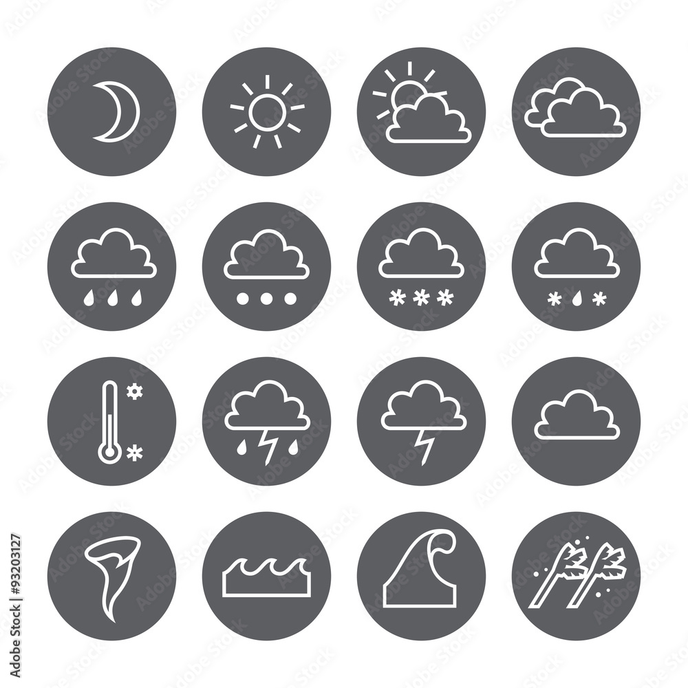 Weather linear circle icons set. Cloud, sun, precipitation