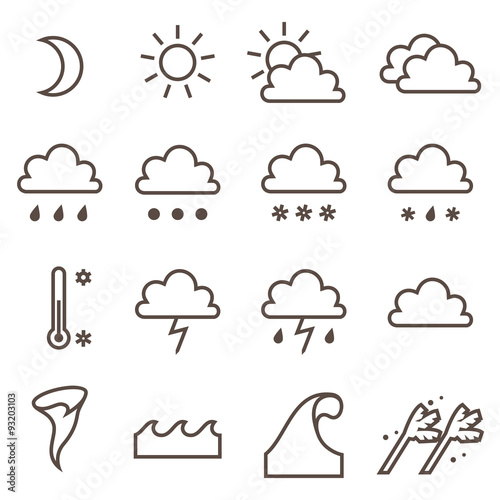 Weather linear icons set. Cloud, sun, precipitation