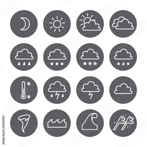 Weather linear circle icons set. Cloud, sun, precipitation