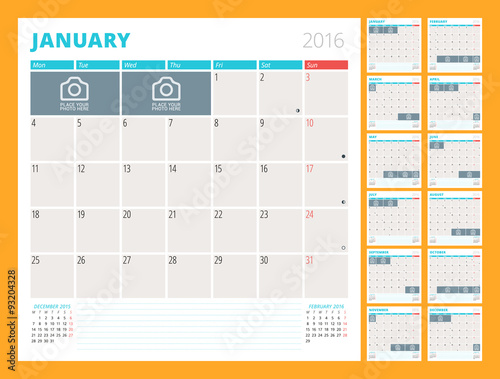 Monthly Calendar Planner for 2016 Year. Set of 12 Months. Week Starts Monday. Vector Design Print Template