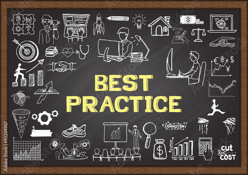 Business doodles about best practice on chalkboard.
