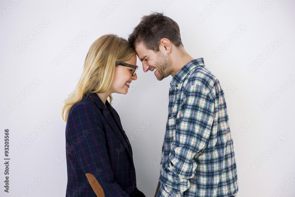 Happy young couple head to head Happy young couple head to head