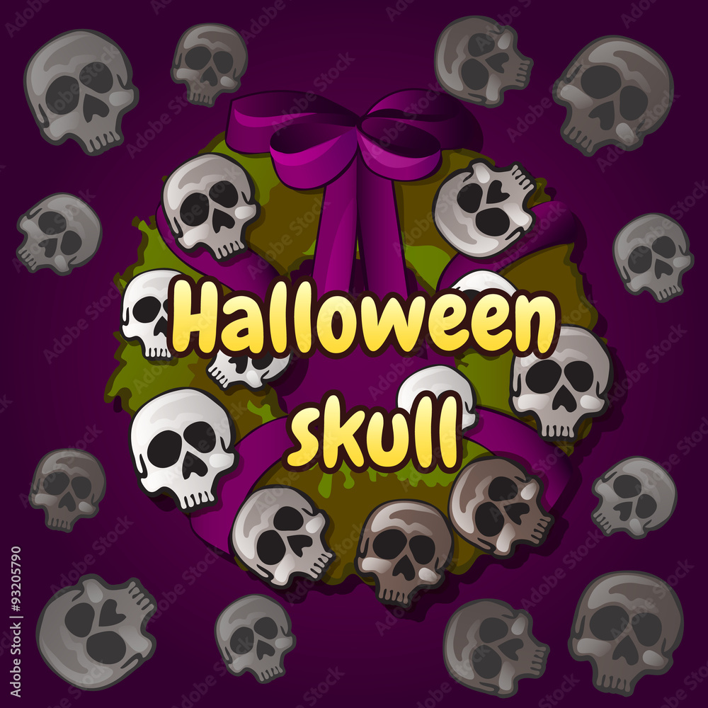 Wreath of skulls, Halloween decoration on the door