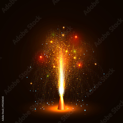 Feuerwerk - Goldene Funken sprühende, Silvester Vulkan Fontäne. Kleinfeuerwerk auf schwarzem Hintergrund. 
Vorlage für Neujahr, Silvesterfeuerwerk, Pyroartikel, Pyrotechnik, Pyro, Böller, Knaller