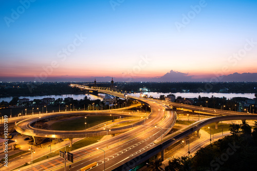 New bridge over river with light in twilight time at Nonthaburi, Thailand