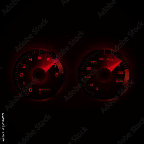 Dashboard with tachometer and speedometer. Vector illustration.