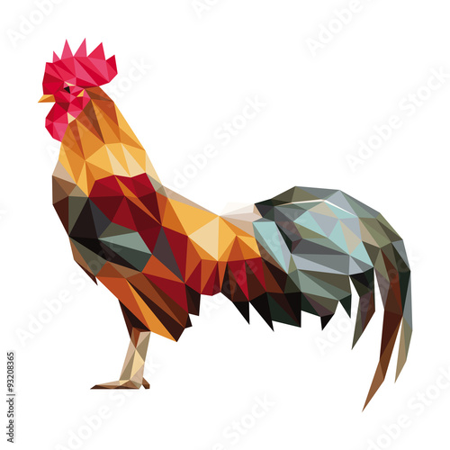 Colorful rooster low polygon standing.