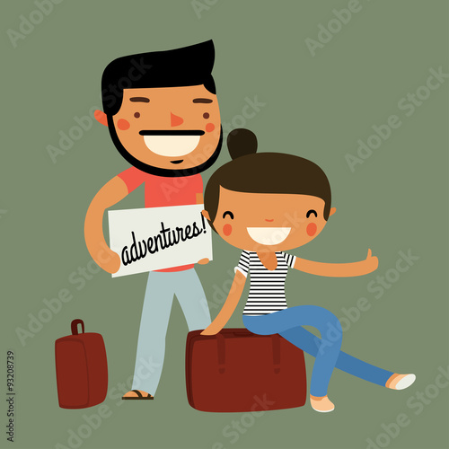 hitchhiking travelers couple. cute characters. vector illustration