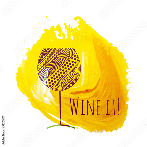Decorative zentangle wine glass on yellow acrylic stain.