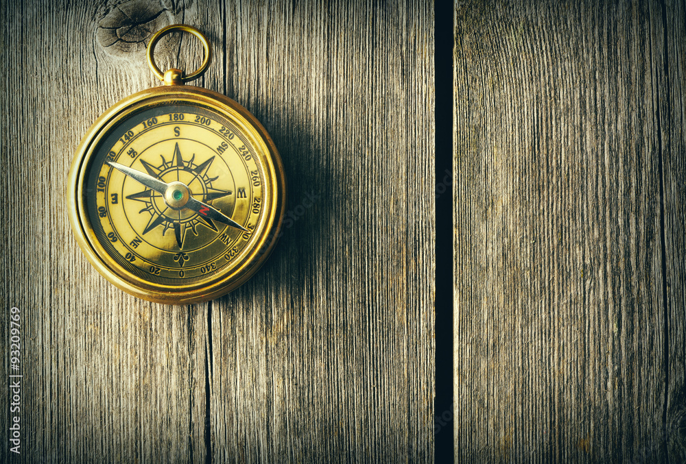 Antique compass over wooden background