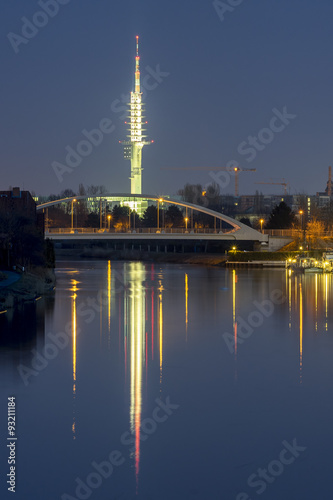 Midland canal and Telemax tower in Hannover at evening.