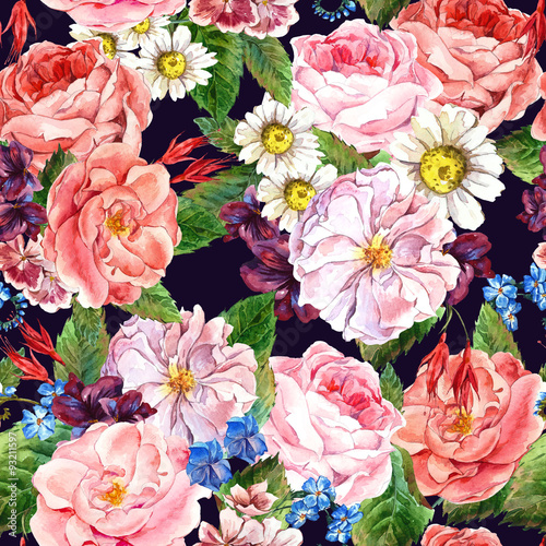 Floral Vintage Seamless Pattern, watercolor illustration.