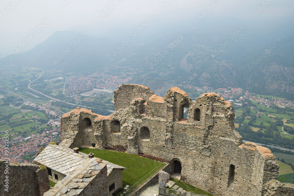 Ancient ruins of  famous Sacra di San Michele ,religious complex  with  elements of both Gothic and Romanesque architecture (Val Di Susa ,Piemonte ,Italy)