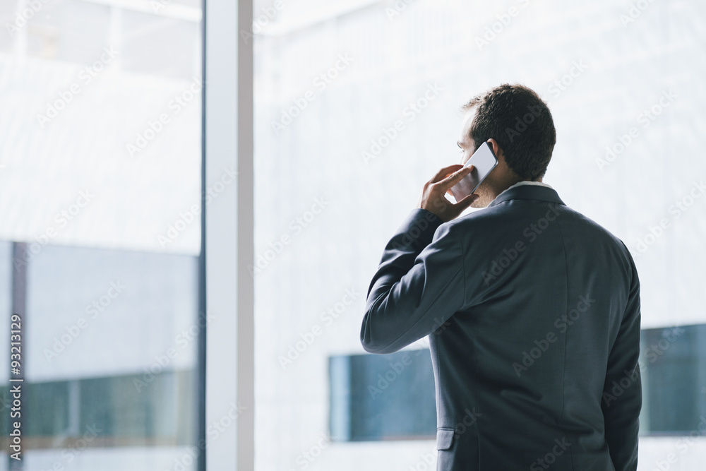 Back view of businessman talking on phone