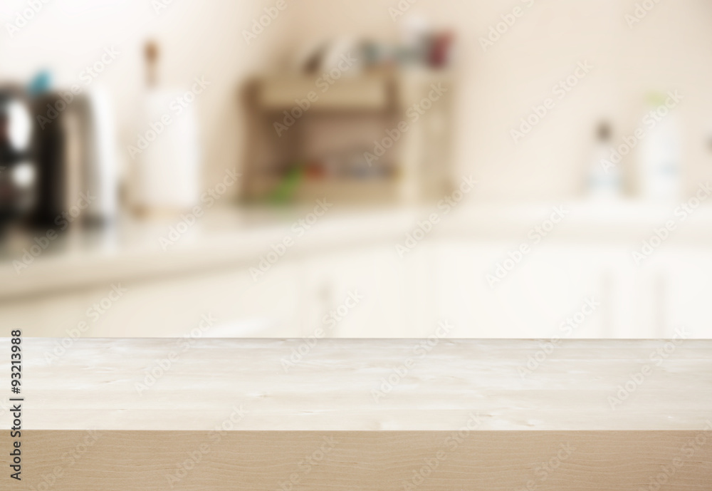 empty table board and defocused white retro kitchen background
empty table board and defocused white retro kitchen background