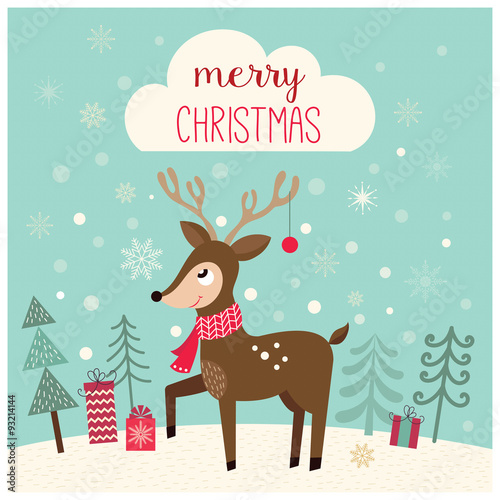 Christmas greeting card with deer in a winter landscape