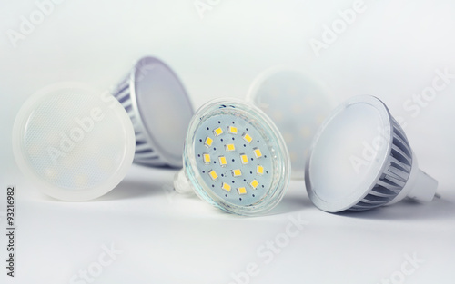 Group of led bulbs closeup on white background. photo