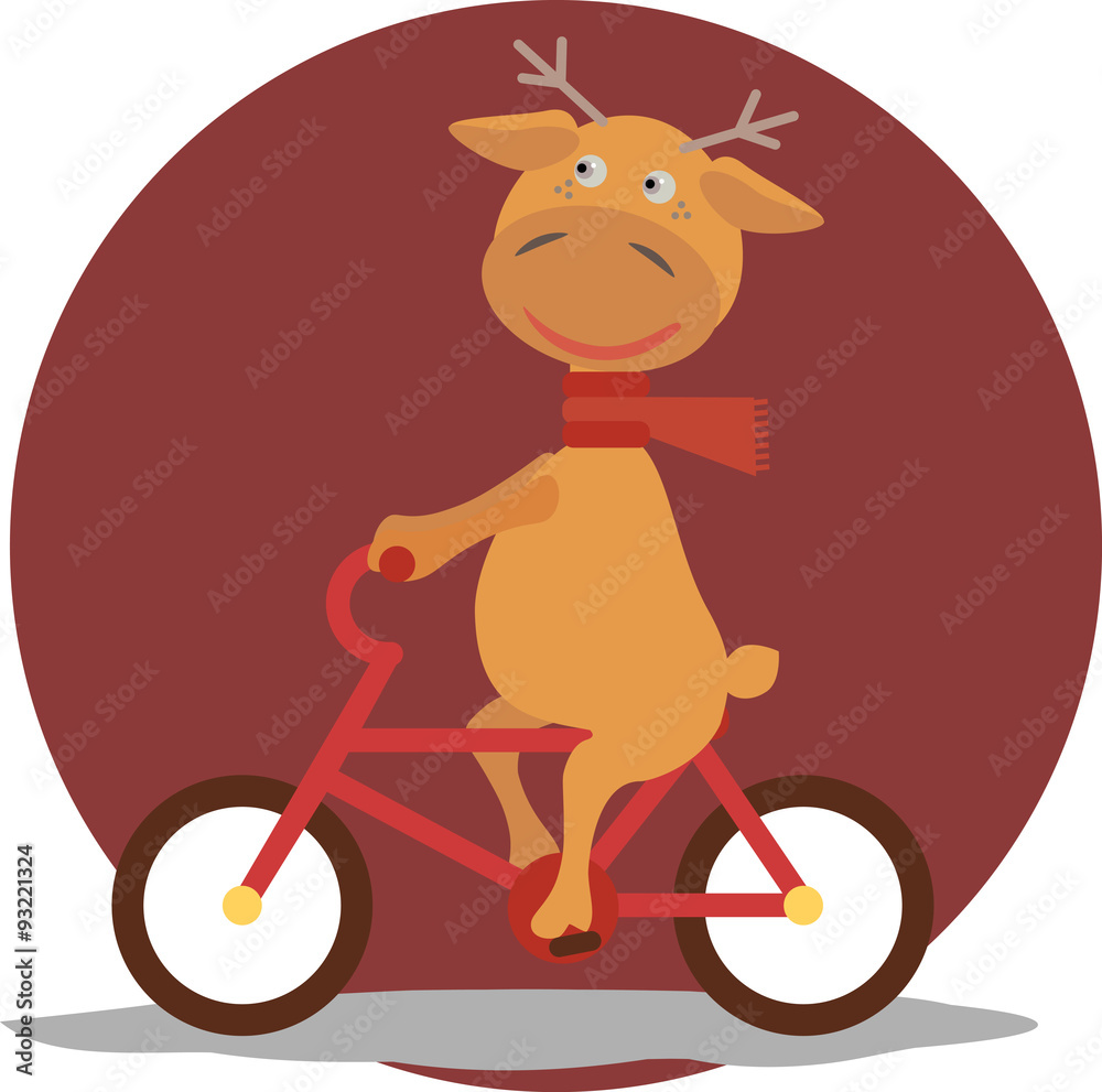 Greeting card with deer in a scarf on bycicle
