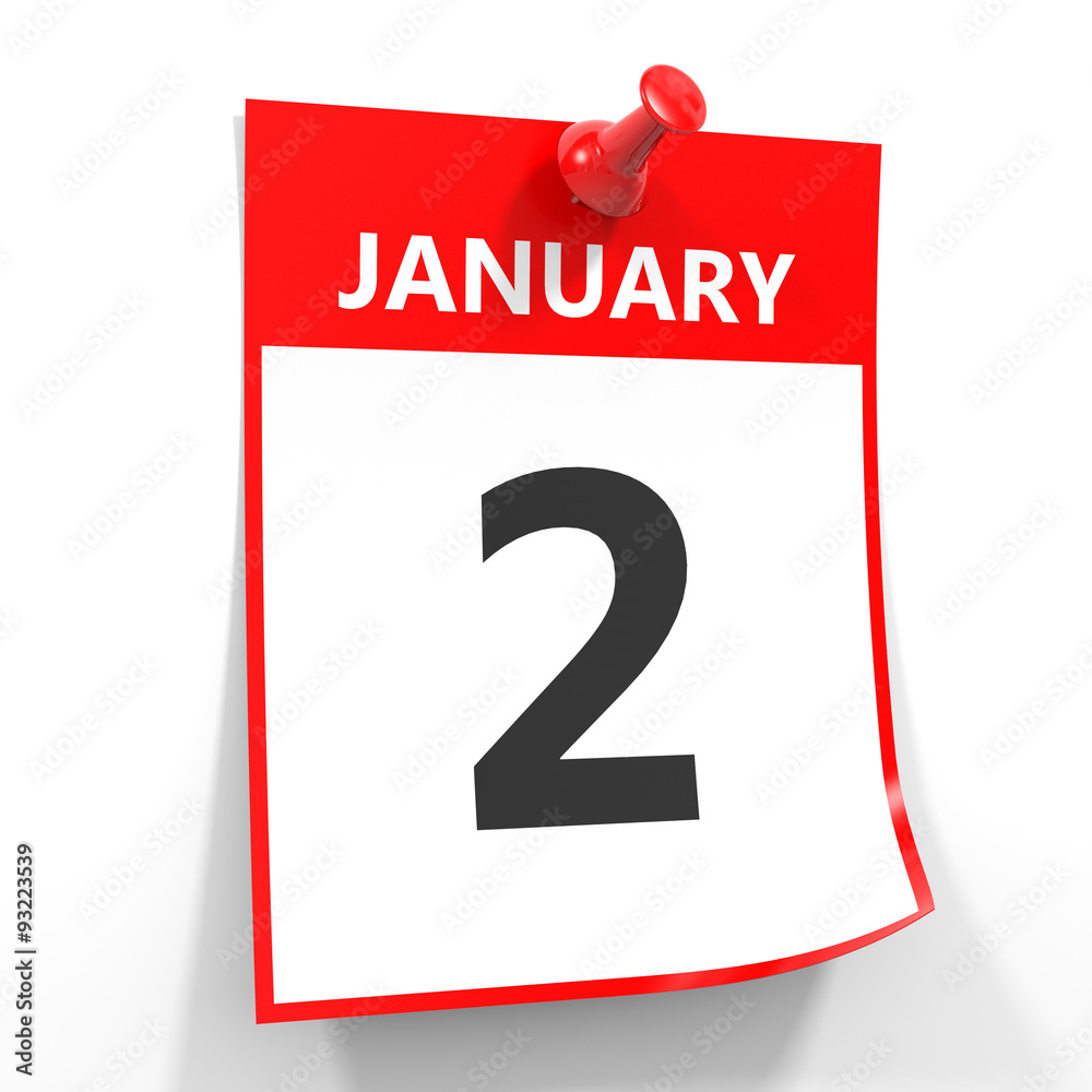 2 january calendar sheet with red pin. 2 january calendar sheet with red pin.