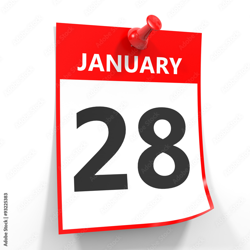 28 january calendar sheet with red pin. 28 january calendar sheet with red pin.