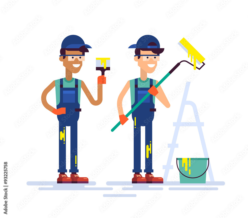 Two young handsome house painters in workwear holding brush and roller. Equipment and tools for painting, stepladder. Modern colorful vector characters guys workers friendly smiling in flat design.
