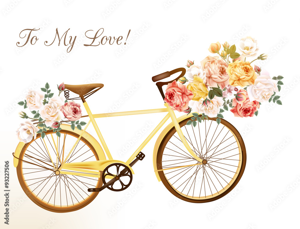Cute vector invitation with yellow bicycle and flowers