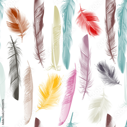 Vector seamless pattern with bird feathers in pastel colors engr