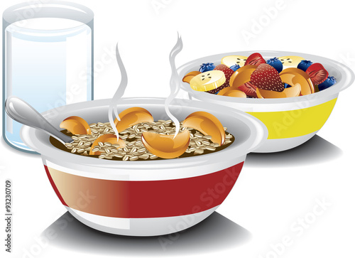 Illustration of a complete breakfast with oatmeal, a bowl of fruit and milk.