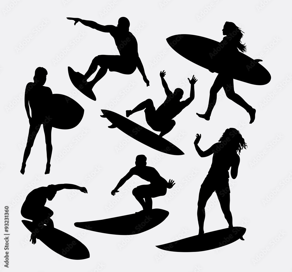 surfer male and female sport activity silhouettes. Good use for symbol, logo, avatar, mascot, or any design you want. Easy to use.