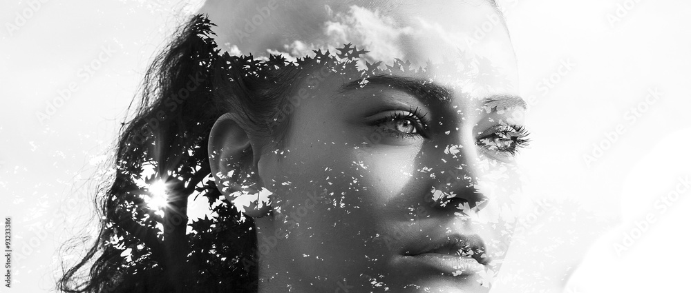 Naklejka premium Double exposure of beautiful girl and leaves monochrome letterbo