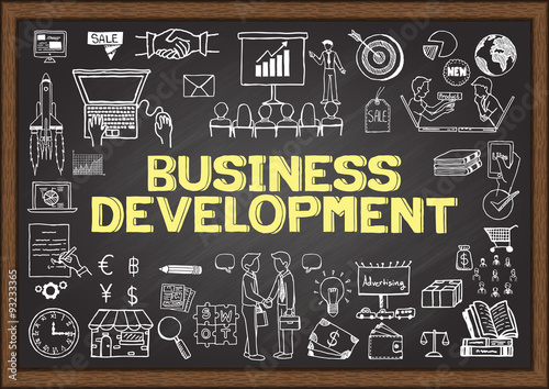 Business doodles about business development on chalkboard.