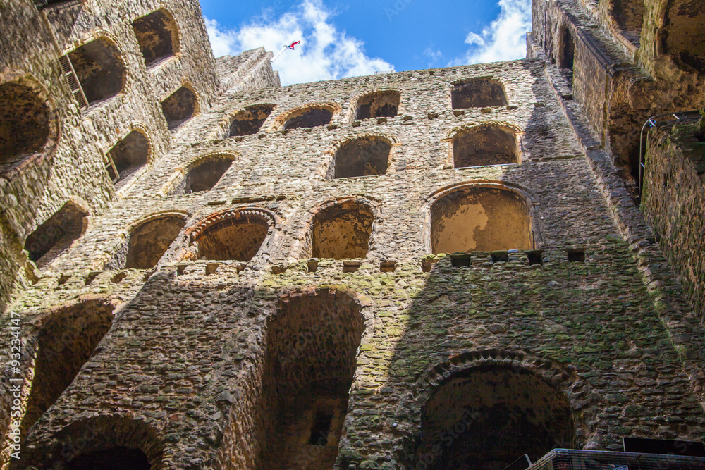 ROCHESTER, UK - MAY 16, 2015: Rochester Castle 12th-century. Inside view of castle's ruined palace walls and fortifications