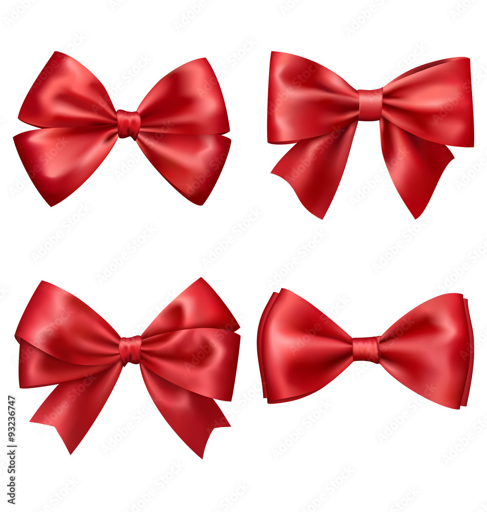 Set Collection of Festive Red Satin Bows Isolated on White Backg