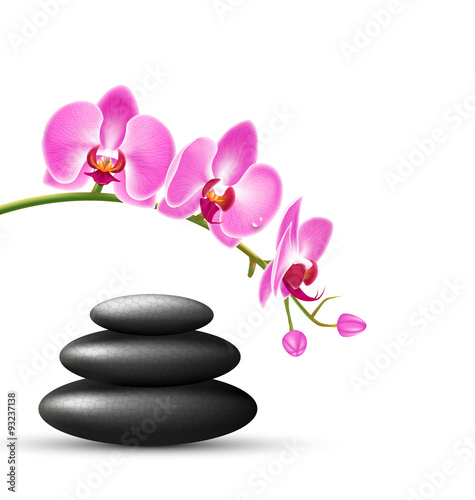 Stack of spa stones with orchid pink flowers isolated on white b